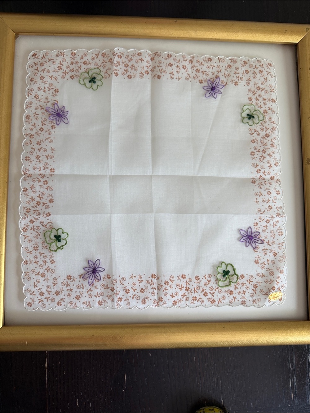 Embroidered White Handkerchief with Purple & Green Floral Accents